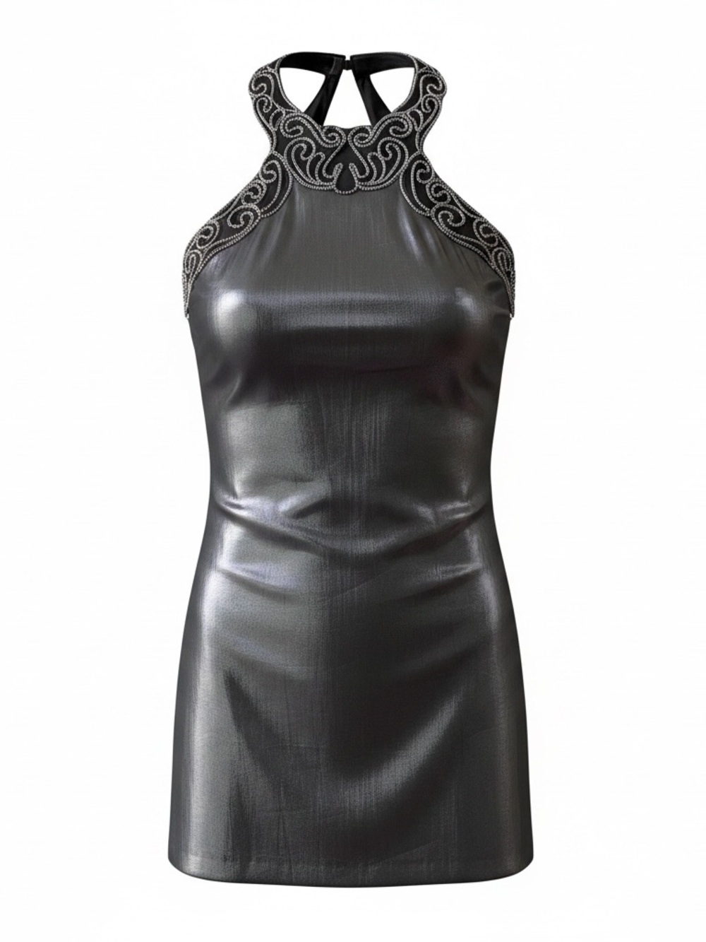 All That Jazz Gunmetal Gray Mini Beaded Halter Dress Sz 9/10 Y2K Fairy Grunge